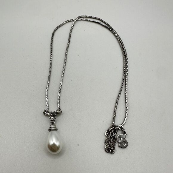 Vintage Christian Dior Faux Pearl and rhinestone drop necklace in silver tone! - Picture 1 of 16
